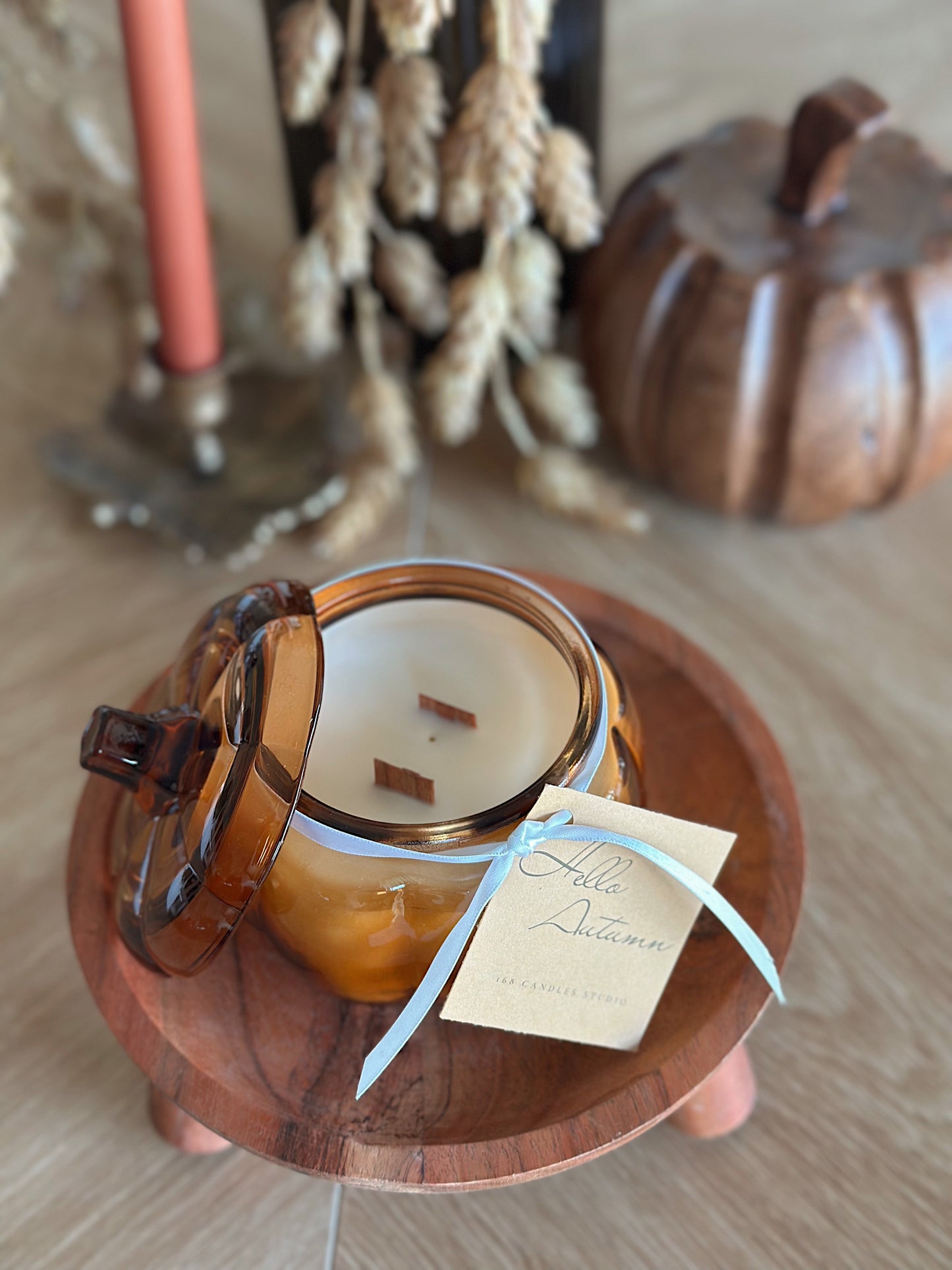 Hello Autumn Amber Glass Large Pumpkin Candle