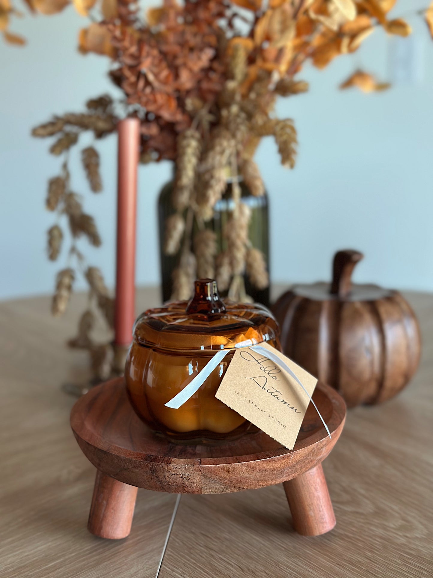 Hello Autumn Amber Glass Large Pumpkin Candle