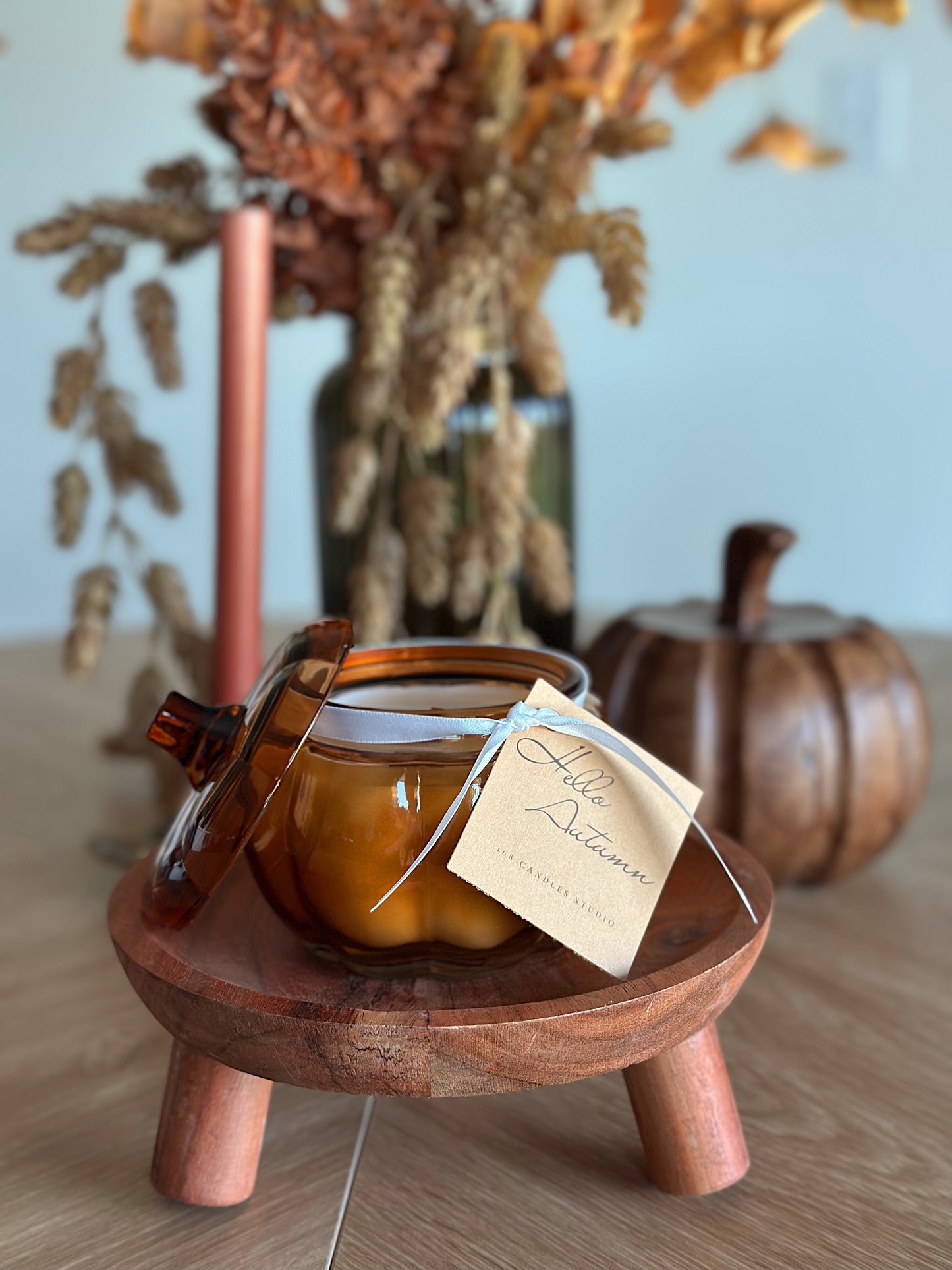Hello Autumn Amber Glass Large Pumpkin Candle