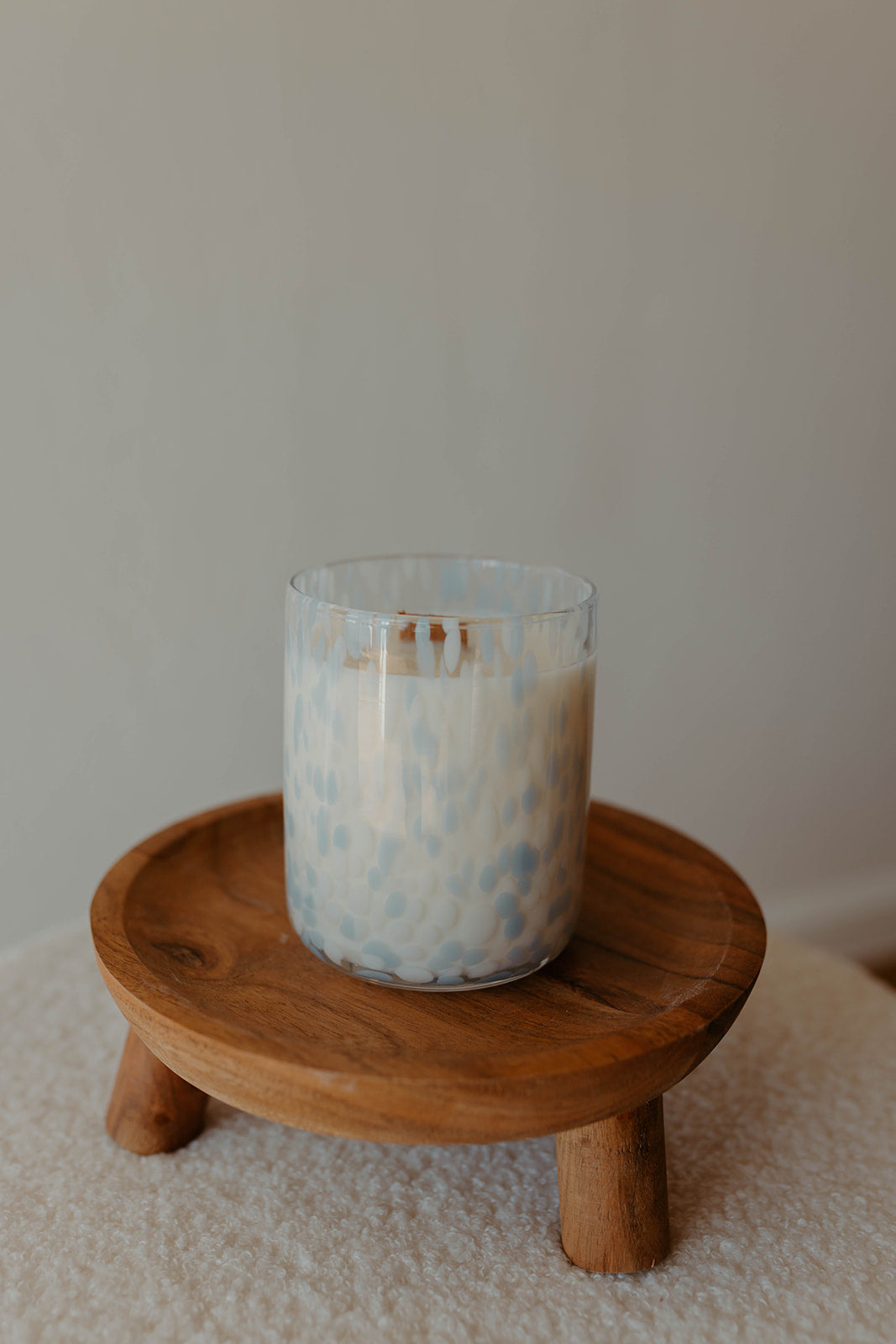 Light Blue and White Speckled Glass Candle