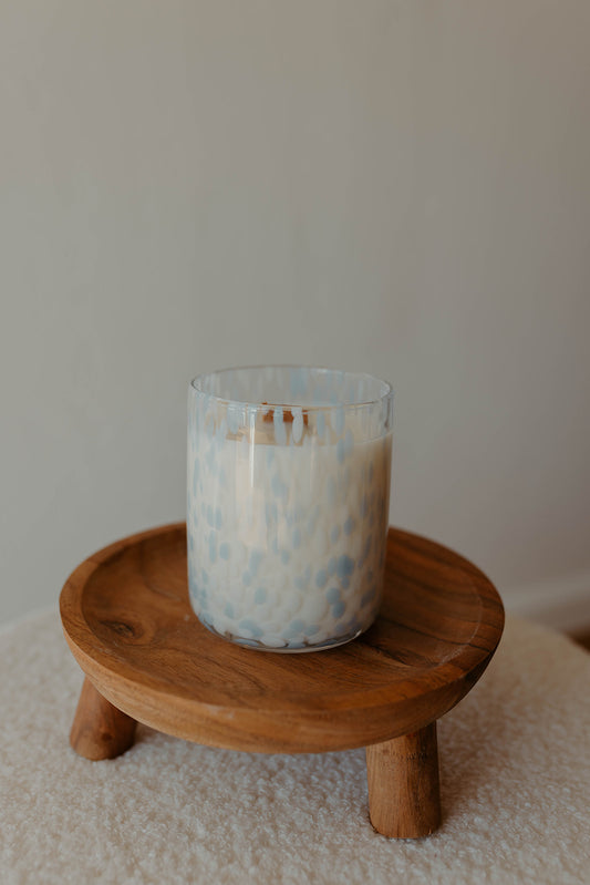 Light Blue and White Speckled Glass Candle