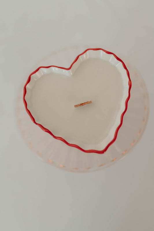 Scarlet and Cream Scalloped Heart Ramekin Candle